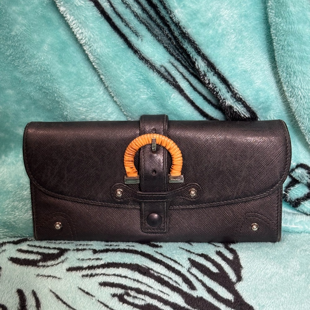 Salvatore Ferragamo Black Leather Clutch with wicker  Accent Buckle